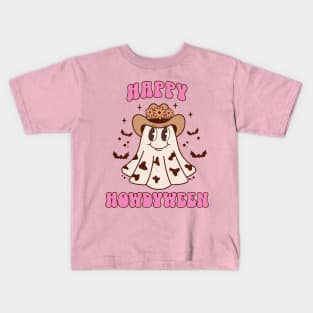 Western Halloween Ghost Happy Howdyween Pink Retro Cow Kids T-Shirt